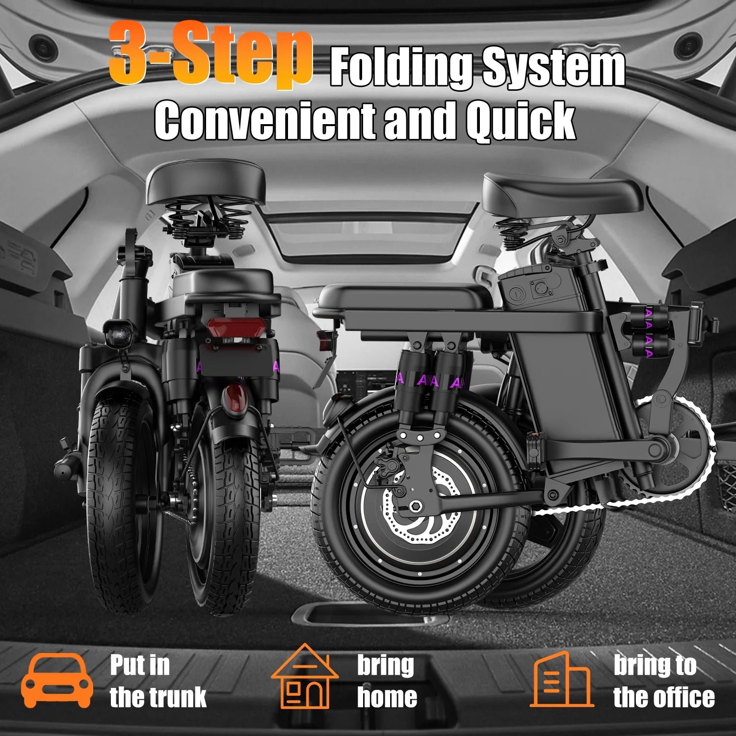 AZHAR 1200W Foldable Electric Bike for Adults, 48V 15ah Removable Battery, 14" Ebike, UL 2849