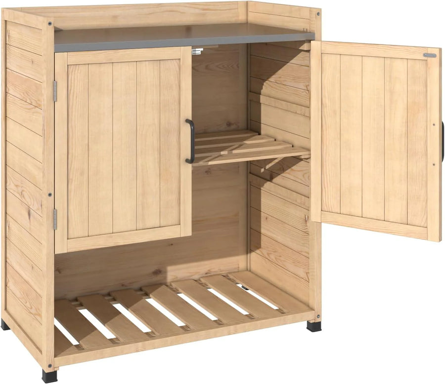 AECOJOY Potting Bench, Outdoor Wooden Storage Cabinet with Adjustable Shelf, Metal Tabletop