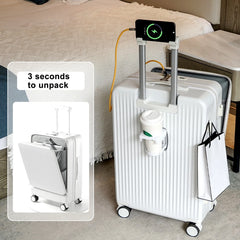 24 in Checked Luggage with Front Pocket, USB Charging Port, Built - in Lock Carry on Suitcase, Cup Holder and Phone Holder, Medium Hardside Suitcase with Spinner Wheels, White