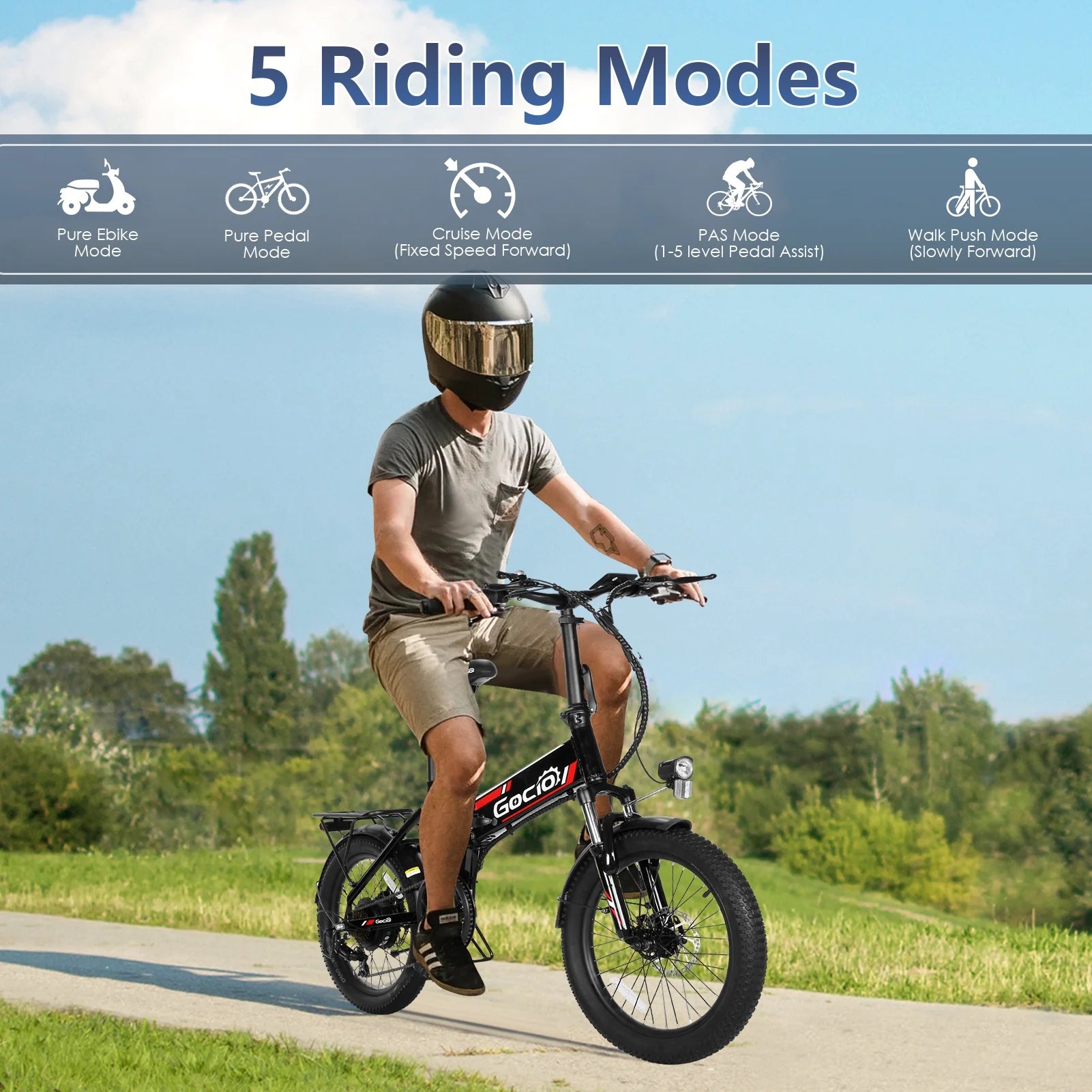 Gocio Foldable Electric Bike for Adults, Peak 750W Electric Mountain Bicycles, 20" * 2.4" Fat Tire Electric Bicycle, 375wh 48V Removable Lithium - Ion Battery, Urban Commuter Ebike Man Woman UL2849