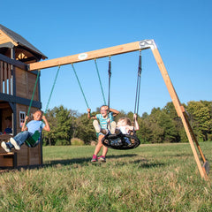 Backyard Discovery Canyon Creek Cedar Wood Swing Set with Wave Slide. Clubhouse. Play Kitchen. Picnic Area. Belt Swings. Web Swing. Rock Wall. Balconies. Playhouse. Step Ladder. Outdoor Playset