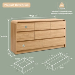 Wow97e Modern 8 Drawers Dresser for Bedroom, 55" Wide Wood Chest of Drawers W/Curved Profile Design, for Bedroom, Living Room, Natural Oak