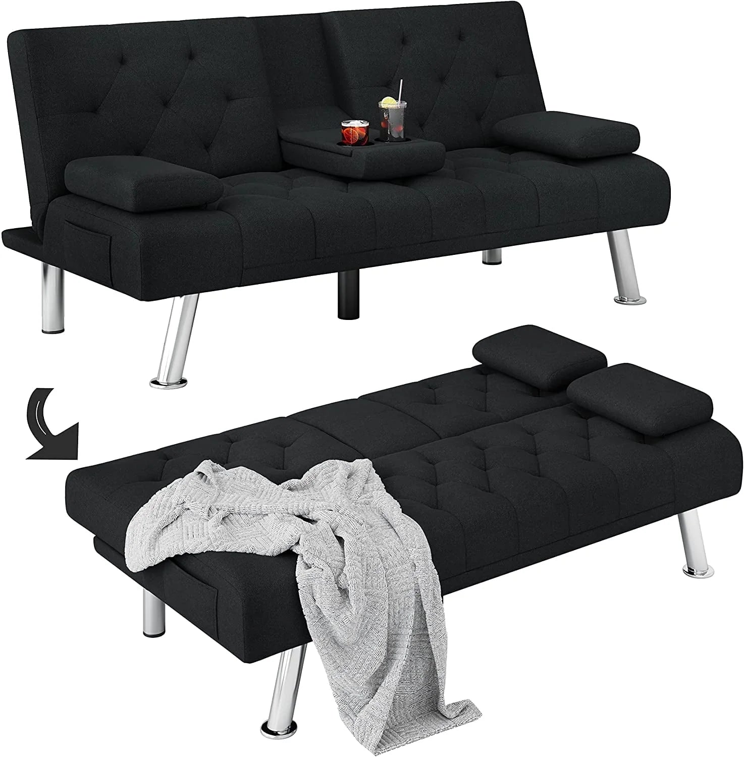 Homfa 66.3'' Upholstered Sofa Bed Couch, Convertible Futon Folding Sleeper Sofa with Removable Armrests and 2 Cupholders for Living Room, Black