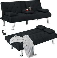 Homfa 66.3'' Upholstered Sofa Bed Couch, Convertible Futon Folding Sleeper Sofa with Removable Armrests and 2 Cupholders for Living Room, Black
