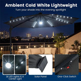 10FT Cantilever Patio Umbrella w/ 36 Solar LED Lights, 360° Rotation Offset Hanging Umbrella, Easy Tilt, 8 Sturdy Ribs, Sun Shade for Yard Pool