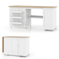 62.5" Folding Sewing Table Rolling Craft Station with Storage Cabinet & Shelves, Foldable Sewing Machine Desk w/ Lockable Wheels for Home