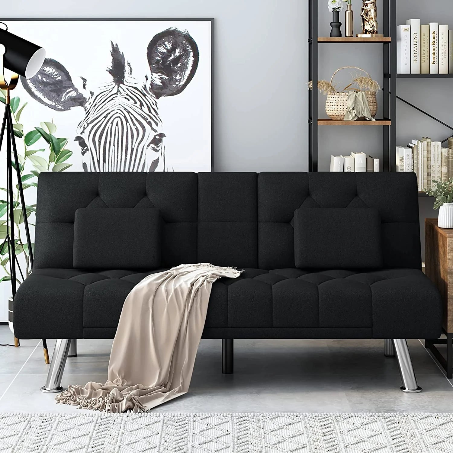 Homfa 66.3'' Upholstered Sofa Bed Couch, Convertible Futon Folding Sleeper Sofa with Removable Armrests and 2 Cupholders for Living Room, Black