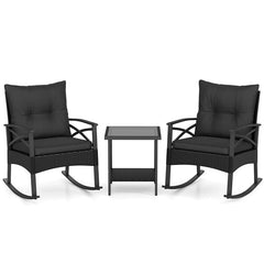 3 Piece Rattan Patio Rocking Bistro Set, Outdoor Wicker Rockers with Cushions & 2-Tier Tempered Glass Coffee Table for Porch, Balcony, Backyard