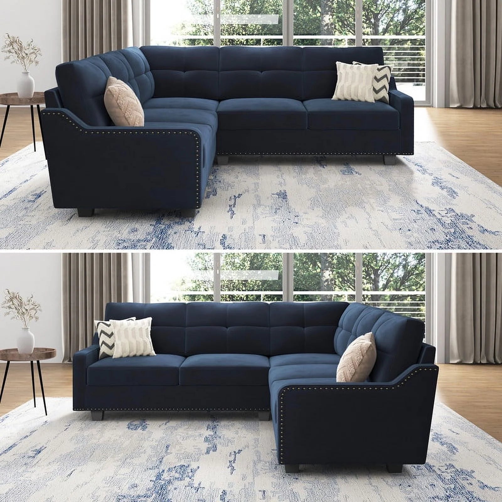 HONBAY Rivet Corner Sofa L - Shaped Sofa Couch Reversible 4 - Seater Couch for Living Room and Apartment, Dark Blue