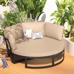 AECOJOY Patio Furniture Outdoor Round Daybed with Removable Cushions 4 Piece Sectional Sofa Patio Furniture Set, Beige