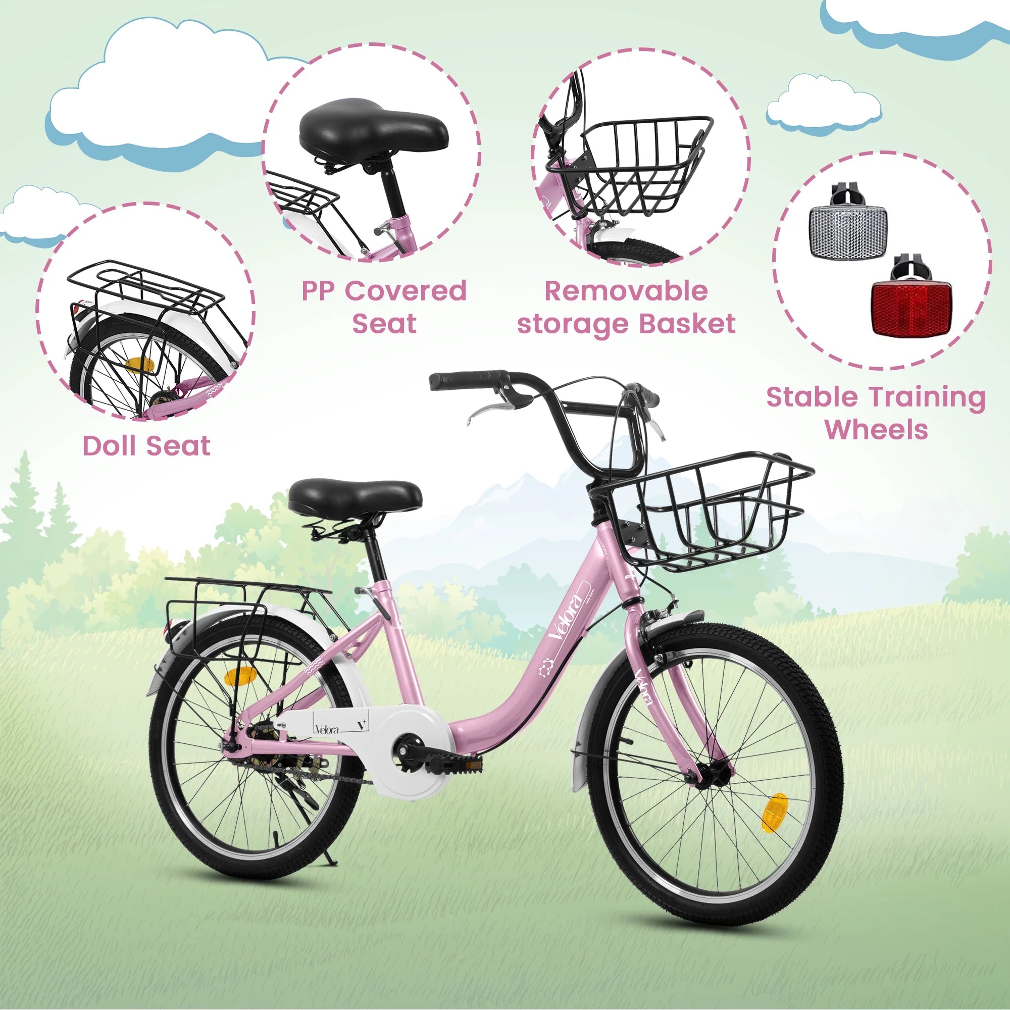 20 in Kids Bike for Boys Girls, 1 Speed Children Bicycle with Basket, Rear Seat, Chain Guard, Coaster Brake and V - Brake, Steel Frame Kids Bike for Ages 6 - 12 Years Old Birthday Gift, Purple