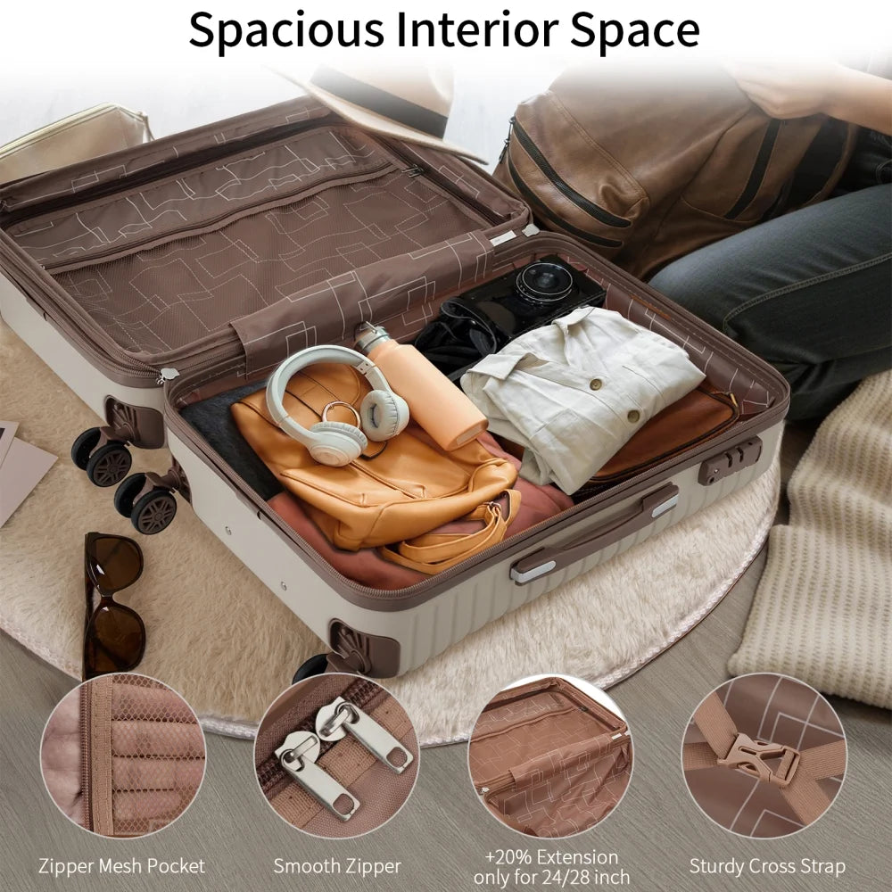 Luggage Sets, 4 - Piece Lightweight Suitcase Set with 4 Packing Cubes and TSA Lock, Hardshell Suitcases with Spinner Wheels, (16/20/24/28 ), Brown