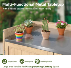 AECOJOY Potting Bench, Outdoor Wooden Storage Cabinet with Adjustable Shelf, Metal Tabletop
