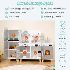 3-Piece Modular Kids Kitchen Playset, Wooden Little Chef Pretend Play Kitchen Set with Refrigerator, Washing Machine, Range Hood & Stove for Toddlers