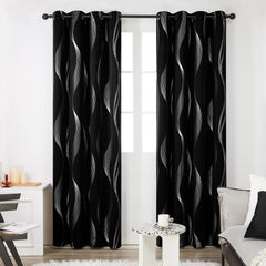 Deconovo Thermal Insulated Room Darkening Black Blackout Curtains with Silver Stripe Pattern, Grommet Curtains for Living Room, 2 Panels, 52 by 84 in