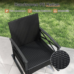 3 Piece Rattan Patio Rocking Bistro Set, Outdoor Wicker Rockers with Cushions & 2-Tier Tempered Glass Coffee Table for Porch, Balcony, Backyard