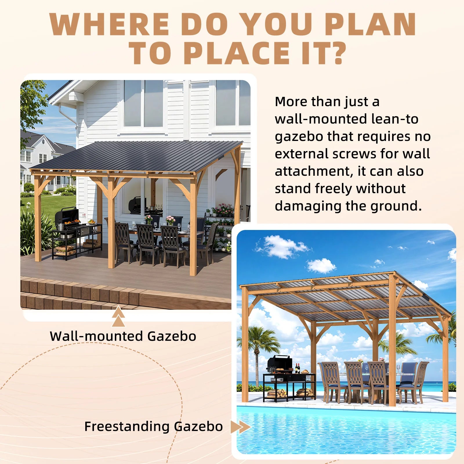 AECOJOY 12' x 10' Outdoor Wooden Gazebo, Patio Lean to Hardtop Pergolas and Gazebos