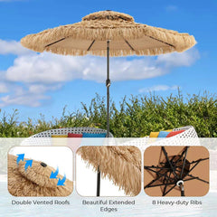 9FT Thatched Tiki Patio Umbrella with 33 Solar LED Lights, Hawaiian Style 2-Tier Hula Beach Umbrella with Tilt & Crank for Pool, Backyard, Garden