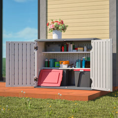AECOJOY Horizontal Storage Shed with Removable Shelf, Lockable Outdoor Storage Cabinet – 28 Cu.ft, Ivory White