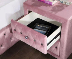 Glam Pink Upholstered Tufted Velvet Like Fabric 4pc Full Size Bed Set Dresser Mirror Nightstand Bedroom Furniture