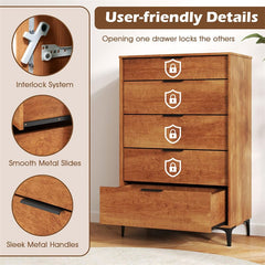 Mid Century Modern 5-Drawer Dresser, Wooden Chest of Drawers with Interlock System, Anti-Tip Kit & Metal Legs for Bedroom, Living Room, Hallway