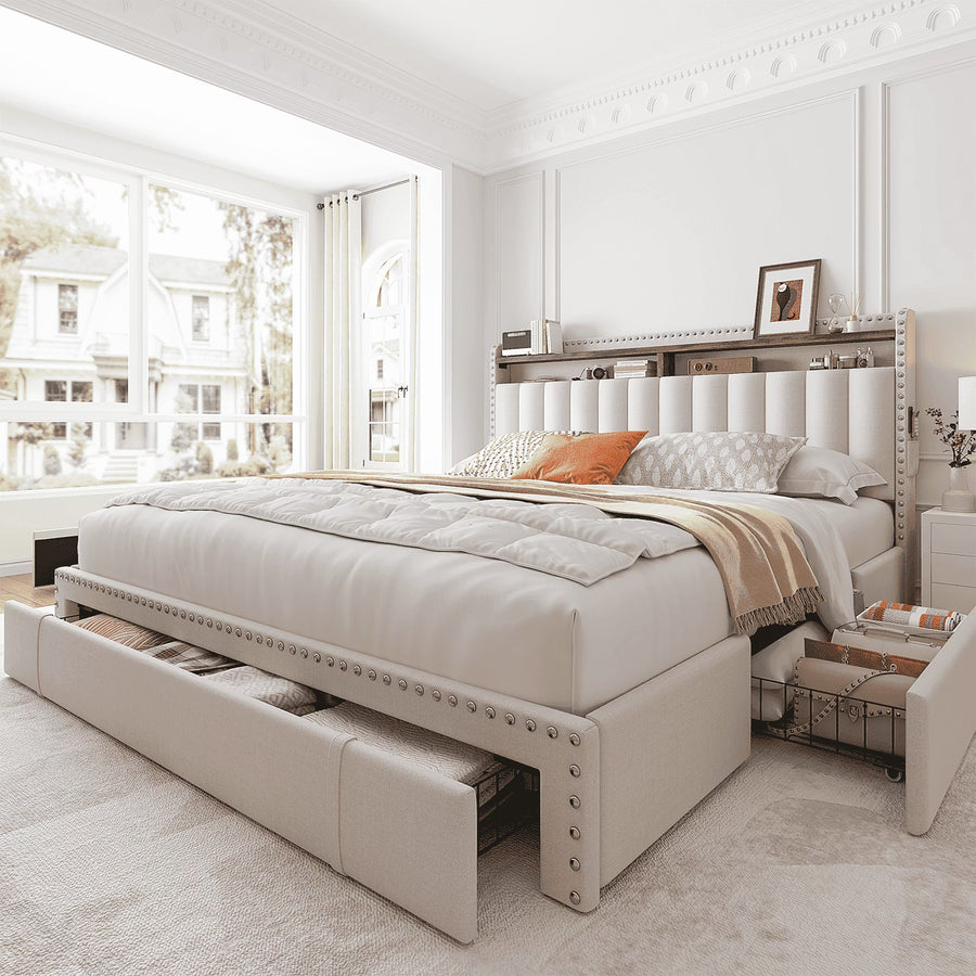 Enhomee Queen Bed Frame with 3 Storage Drawers Upholstered Queen Size Bed Frame with Headboard Noise Free Platform Bed with Metal Frame & Wood Slats Support Beige Bedroom Furniture for Adults Clothes
