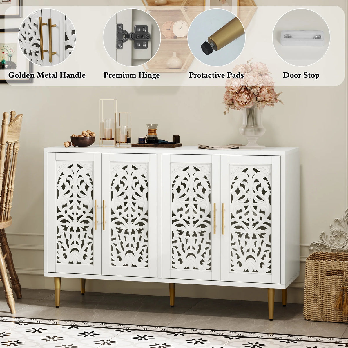 HLR 48" Accent Cabinet with 4 Doors, Vintage Hollow Carving Storage Credenza, Sideboards and Buffets Cabinet for Living Room, Kitchen, Dining Room, Entryway