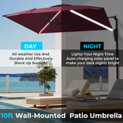 AECOJOY 10FT Large Patio Umbrella with Solar Lights, Rectangle Wall Mounted Outdoor Patio Umbrella, Red