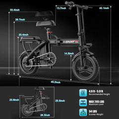 ASKGO Z6 14" Electric Bike 1200W Motor, 48V/10AH E - Mountain Bike, Folding Electric Bicycle for Adult with Two Seats UL2849, Unisex, Pedal - Assist