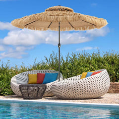 9FT Thatched Tiki Patio Umbrella with 33 Solar LED Lights, Hawaiian Style 2-Tier Hula Beach Umbrella with Tilt & Crank for Pool, Backyard, Garden