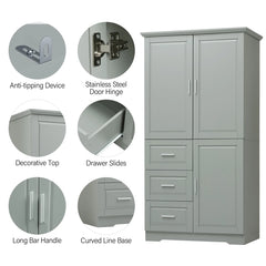 Bathroom Cabinet, 62.2" Tall Storage Cabinet with Doors and Shelves, Freestanding Linen Closet for Bathroom, Kitchen, Living Room, Grey
