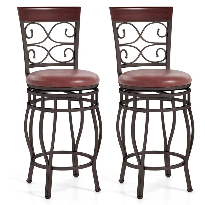 26" Vintage Swivel Bar Stools Set of 2, Counter Height Metal Barstools with Back & Upholstered PU Leather Padded Seat for Pub, Kitchen Island
