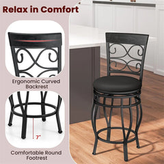 26" Vintage Swivel Bar Stools Set of 2, Counter Height Metal Barstools with Back & Upholstered PU Leather Padded Seat for Pub, Kitchen Island