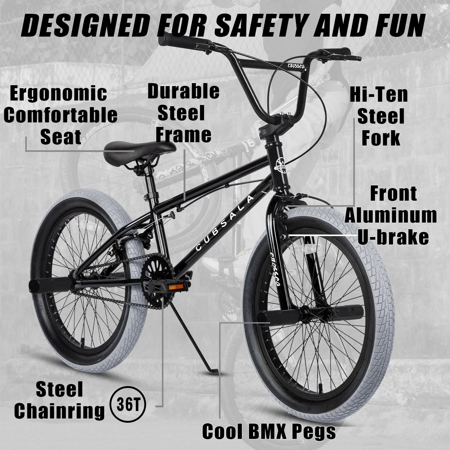 Cubsala 20 in Kids BMX Bike Freestylefor Age 6 - 14 Years Old Boys Girls with 4 Pegs, Black with Red Tires