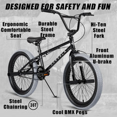 Cubsala 20 in Kids BMX Bike Freestylefor Age 6 - 14 Years Old Boys Girls with 4 Pegs, Black with Red Tires