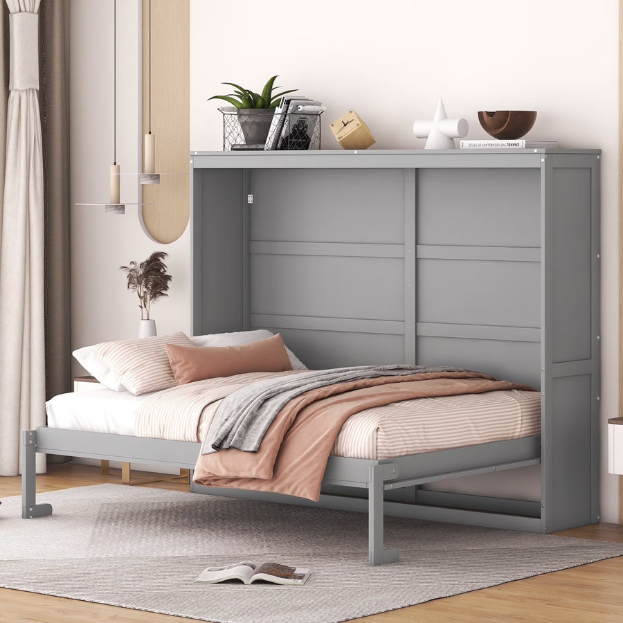 Harper & Bright Designs Full Size Murphy Bed Space - Saving Foldable Wooden Wall Bed with a Shelf for Guest Room Home Office, Gray