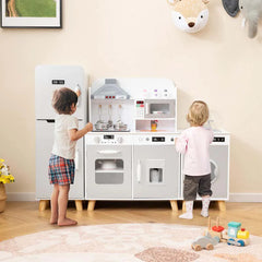 3-Piece Modular Kids Kitchen Playset, Wooden Little Chef Pretend Play Kitchen Set with Refrigerator, Washing Machine, Range Hood & Stove for Toddlers