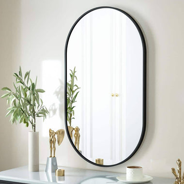 XRAMFY 20 in. W x 36 in. H Oval Black Classic Aluminum Alloy Framed Wall Mirror