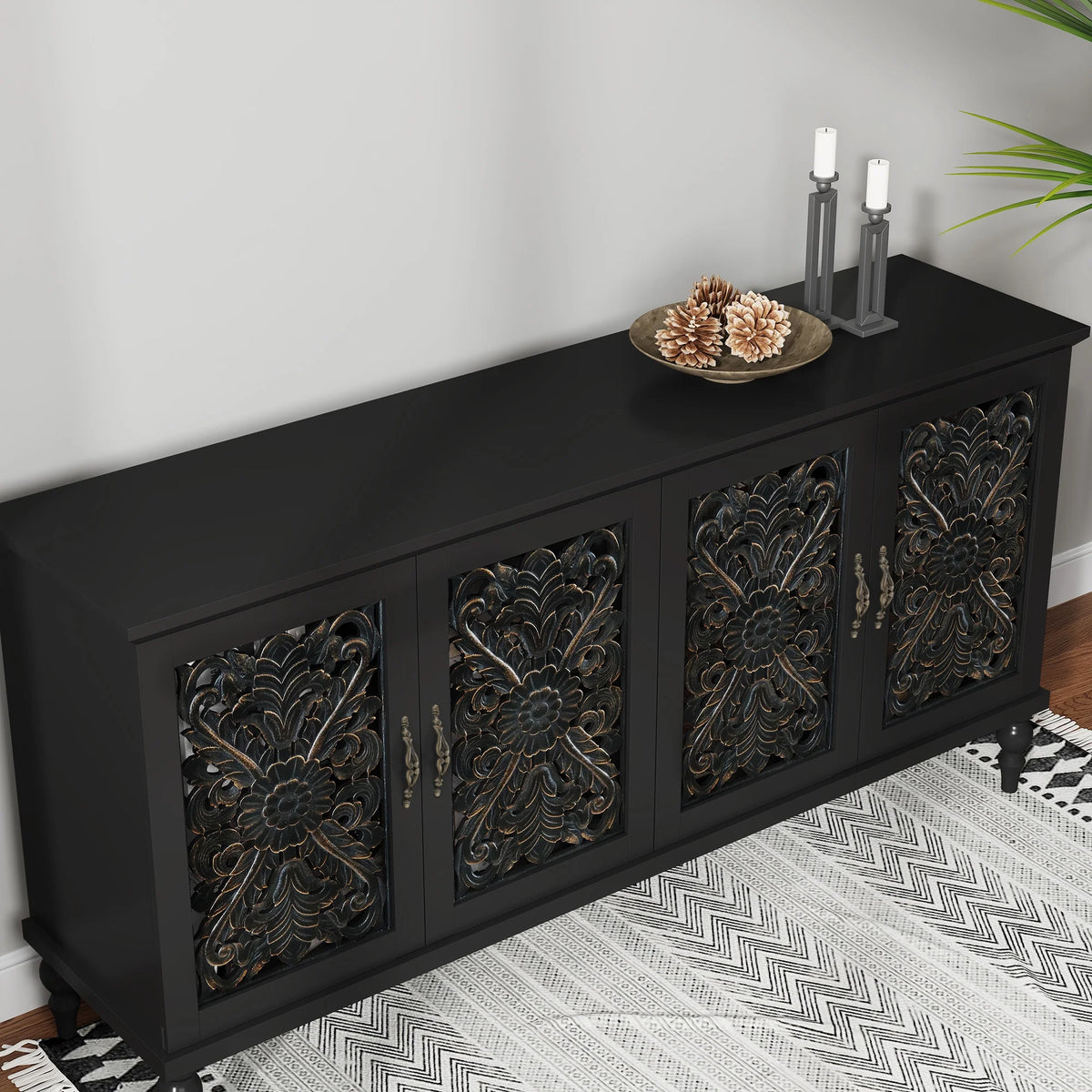 HLR 48" Accent Cabinet with 4 Doors, Vintage Hollow Carving Storage Credenza, Sideboards and Buffets Cabinet for Living Room, Kitchen, Dining Room, Entryway