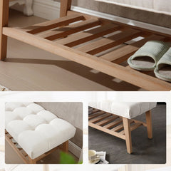 Dayalane Upholstered Storage Bench with Shoe Rack, Linen Fabric Entryway Bench for Living Room, Bedroom and Hallway, Multi Functional Ottoman with Solid Wood Shelf, Beige