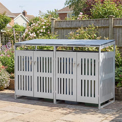 44 Cu.Ft Outdoor Trash Can Storage Shed for 2 Bins, Metal Garbage Can Organizer with Gas Struts, Shock Absorbers, Lockable Doors & Slant-Roof