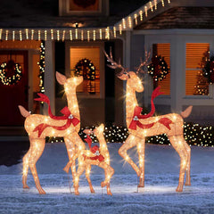 3-Piece Large Lighted Christmas Reindeer Family Set, Light Up Xmas Decorations w/440 LED Lights, Bows, Buck, Doe & Fawn, Pre-Lit Deer Set