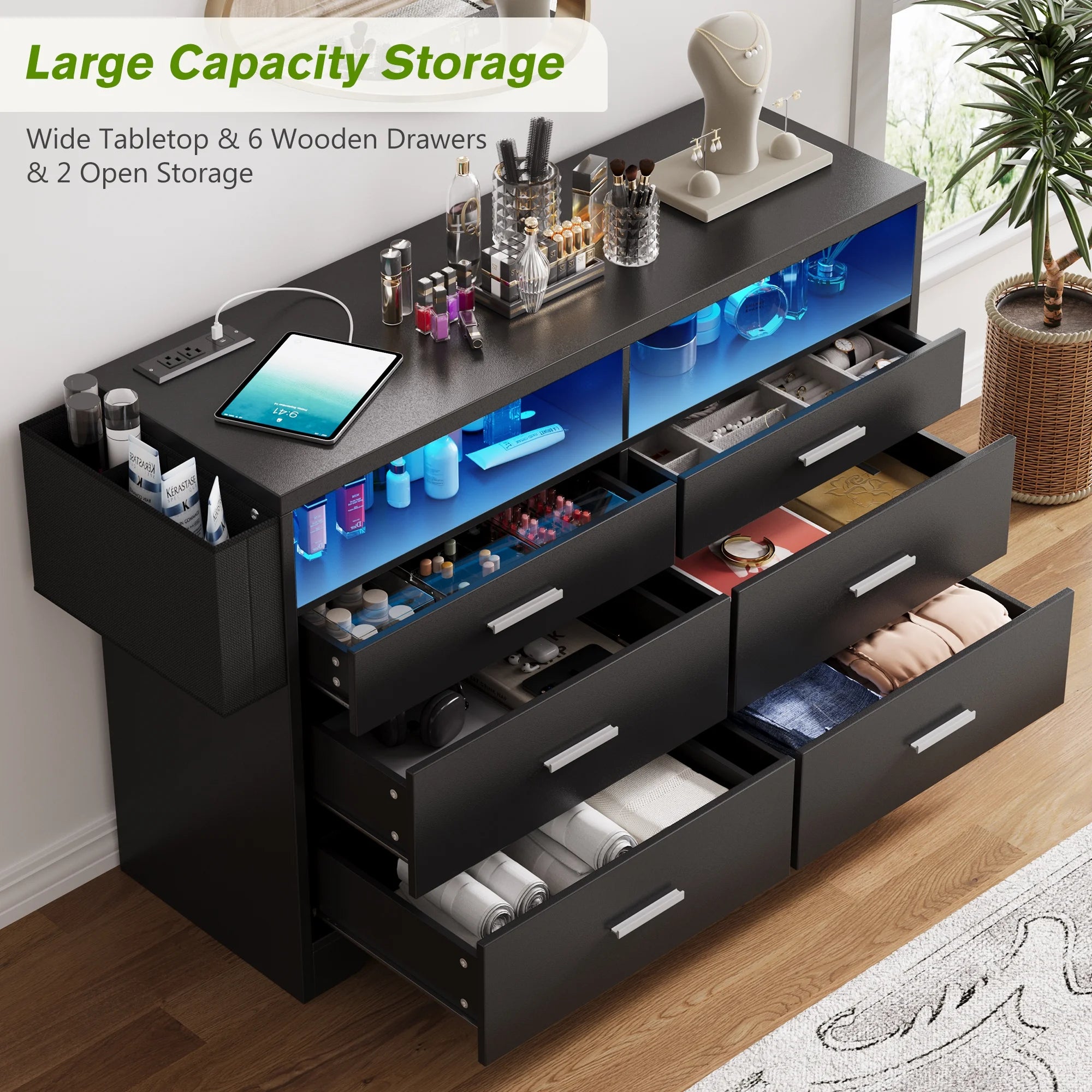 White Dresser for Bedroom, 6 Drawers Dresserwith LED Lights and Charging Station, 47" Wide Bedroom Dresser Chest of Drawers Storage Organizer TV Stand for up to 55" TV for Living Room