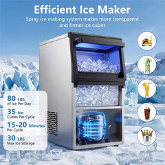 80 LBS/24H Spray-Type Commercial Ice Maker, 15" Built-in Undercounter Stainless Steel Ice Machine w/ 30 LBS Storage & Self-Cleaning for Home Bar Cafe