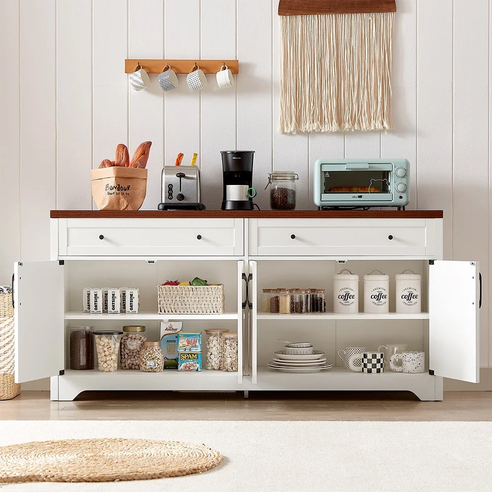 Trumanpick 61"h Large Buffet Sideboard Cabinet, TV Cabinet, Kitchen Pantry for Dining Room, Living Room, 61.3''L x 15''W x 29.8''H, White/Walnut