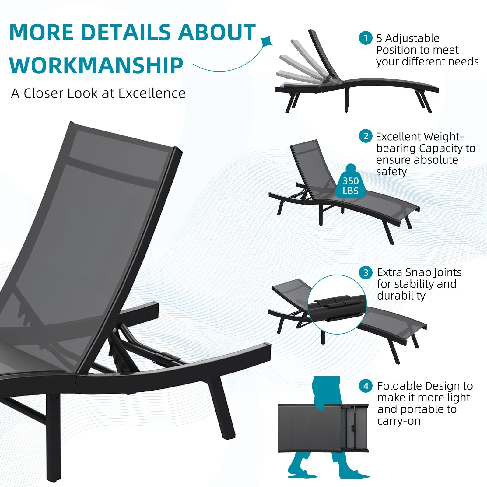 AECOJOY Outdoor Chaise Lounge, All Weather Pool Lounge Chairs Ergonomic Design (Dark Grey, 2 PCs)