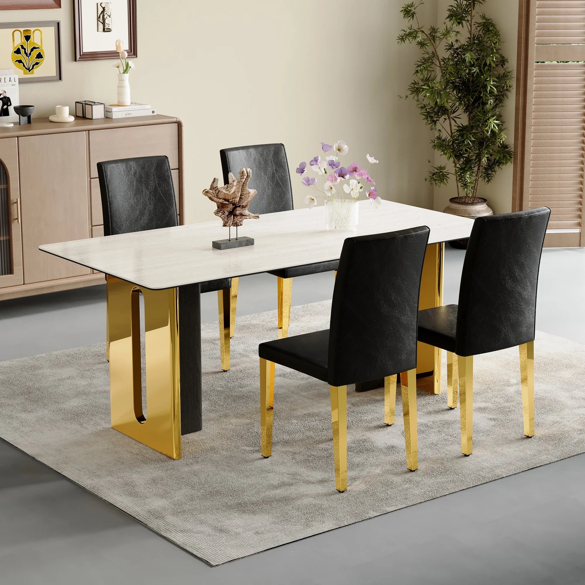Set of 4 Black PU Leather Backrest Chairs with Gold Metal Legs - A Perfect Pairing, Ideal for Minimalist and Modern Home Decor Styles, with Product Dimensions of 16.2*18.5*34.6 in