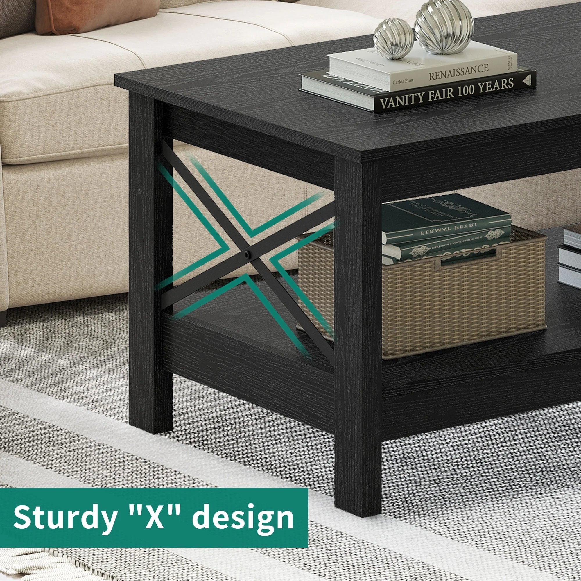 Moasis Farmhouse Coffee Table with Storage 2 - Tier Center Table for Living Room Grey Wash Top+White