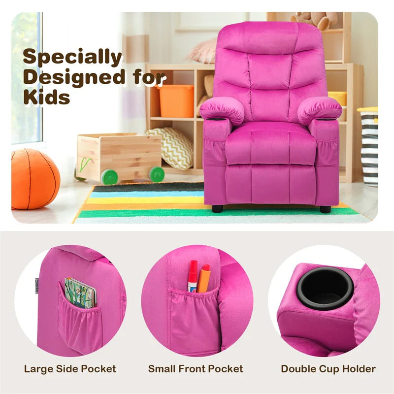 Kids Recliner Chair Adjustable Velvet Lounge Sofa with Cup Holders, 3 Pockets, Retractable Footrest, Toddler Furniture Sofa for Boys Girls Room