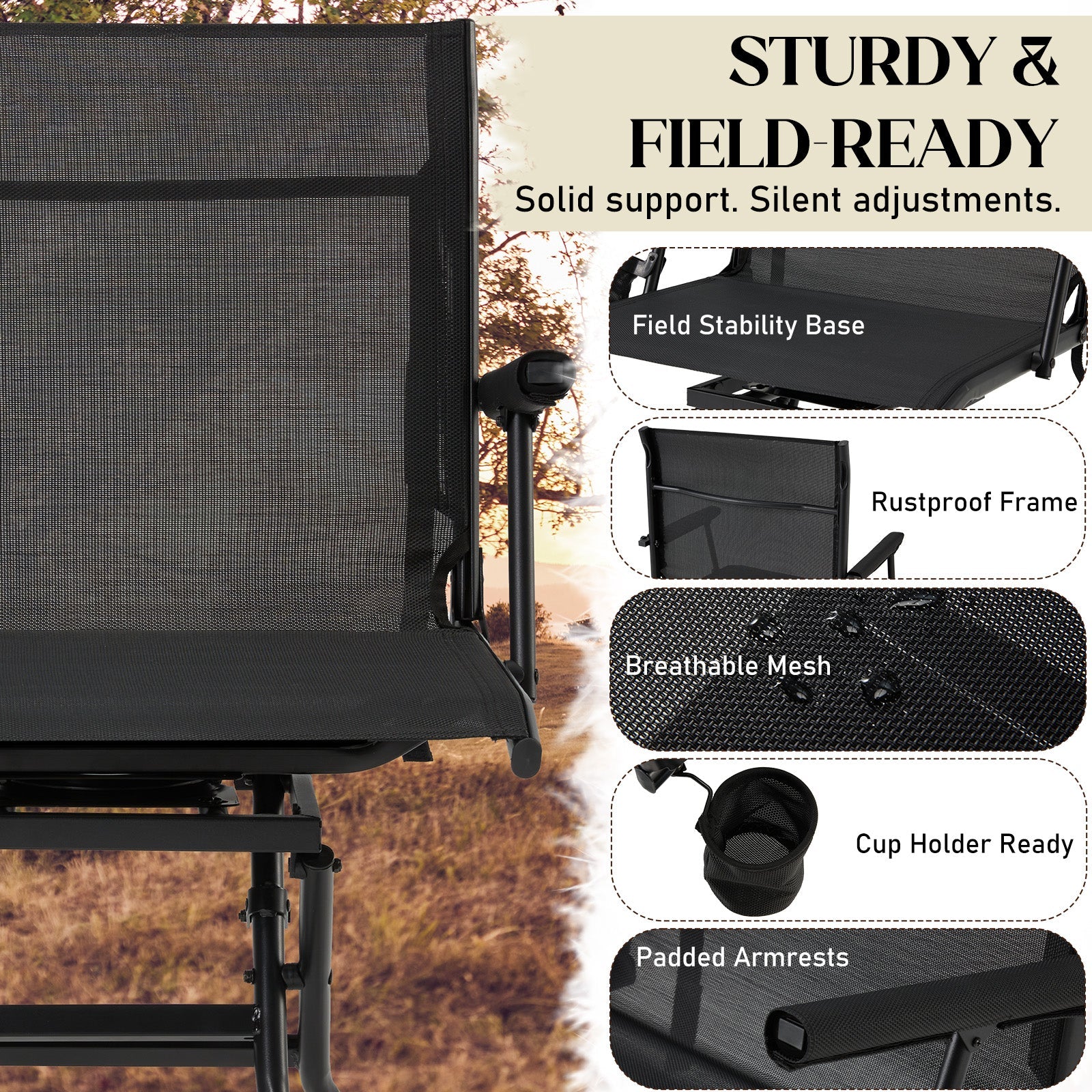 AECOJOY Hunting Chair with Rest, 360° Swivel, Adjustable Shooting Support, Portable for Blind or Range